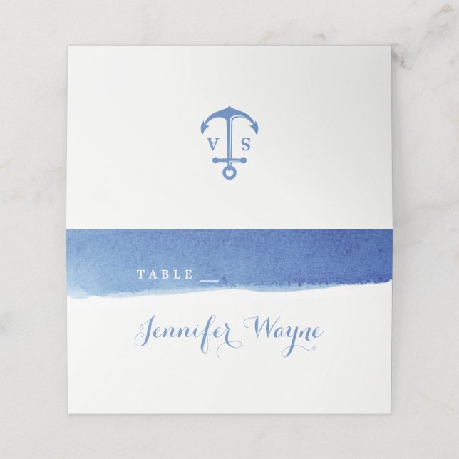 Blue Water color nautical beach Hochzeit Platzkart Platzkarte (Außenseite Aufgefaltet)