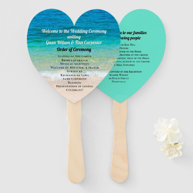 Blue Water Heart Shaped Wedding Fan Programm Fächer (Vorne und Hinten)