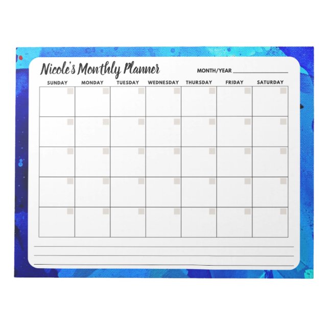 Blue Watercolor Abstrakt Monthly Calendar Notepad Notizblock (Vorderseite)