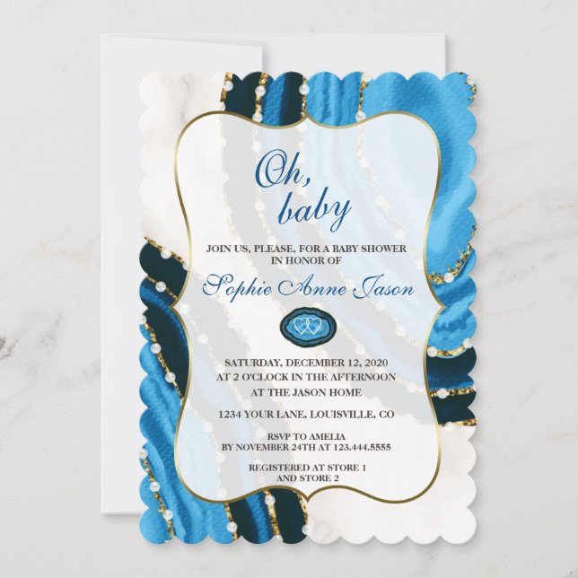 Blue Watercolor Agate Pearls Baby Dusche Einladung (Vorderseite)