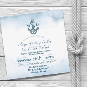 Blue Watercolor Anchor Nautical Wedding Einladung