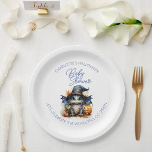 Blue Watercolor Baby Dragon Halloween Baby Dusche Pappteller