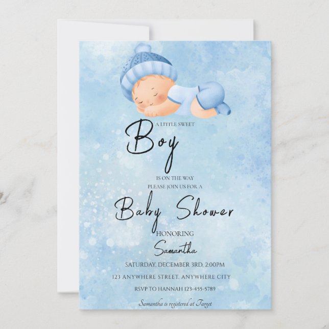 Blue Watercolor Baby Dusche Einladung (Vorderseite)