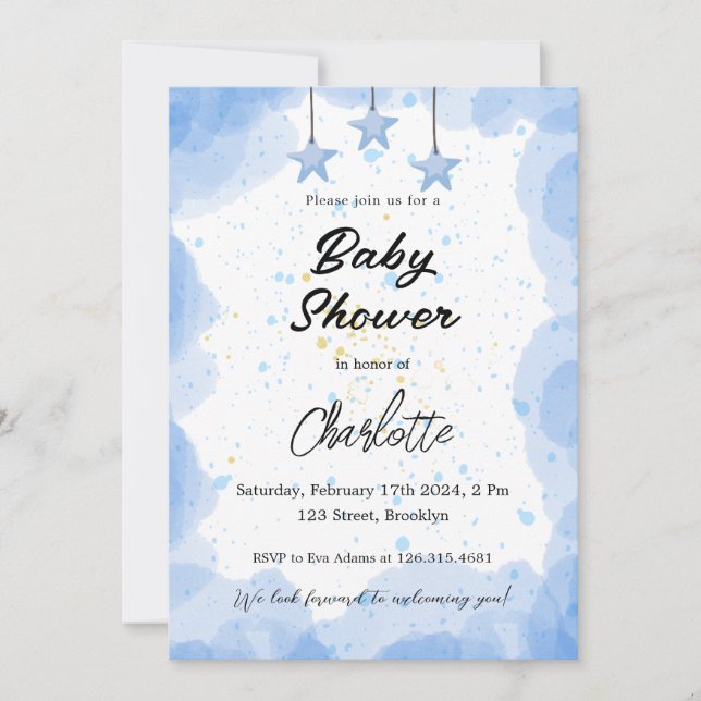 Blue Watercolor Baby Dusche Einladung (Vorderseite)