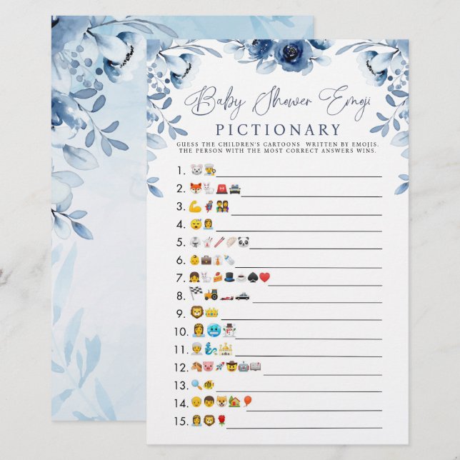 Blue Watercolor Baby Dusche Emoji Spiel (Vorne/Hinten)