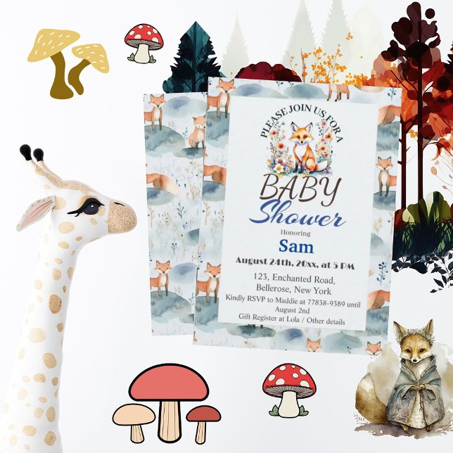 Blue Watercolor Baby Fox Baby Dusche Einladung (Von Creator hochgeladen)