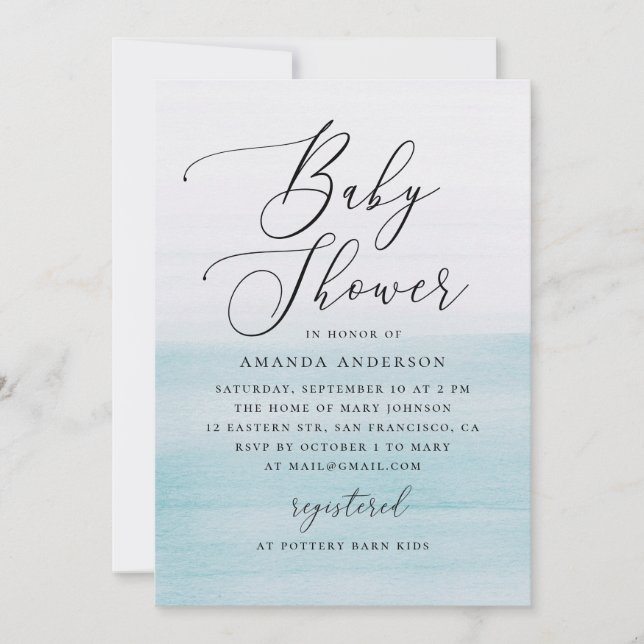 Blue Watercolor Baby Shower | Elegant Coastal Einladung (Vorderseite)