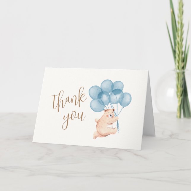 Blue Watercolor Ballon Happy Bear Baby Dusche Dankeskarte (Vorderseite)