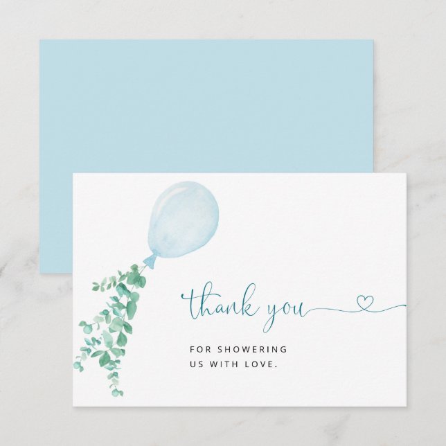 Blue Watercolor Balloon Boy Baby Dusche Dankeskarte (Vorne/Hinten)