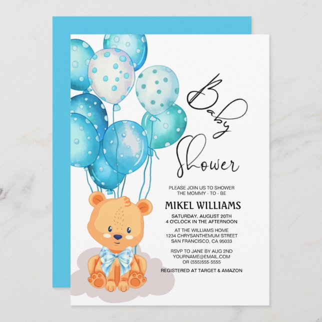 Blue Watercolor Balloons Bear Baby Shower I Einladung (Vorne/Hinten)