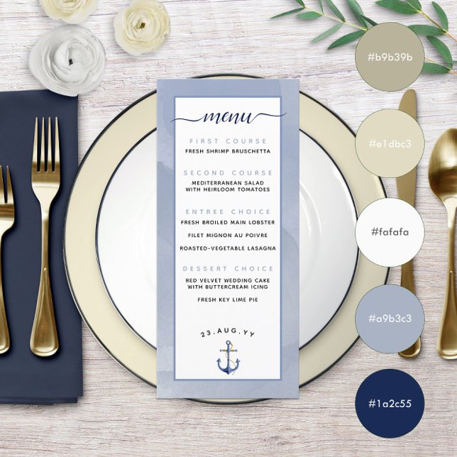 ⚓ Blue Watercolor Beach Hochzeit Menükarte (⚓ Blue Watercolor Beach Wedding Menu
)