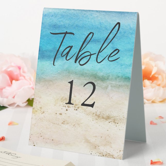 Blue Watercolor Beach Hochzeit Tischaufsteller (In Situ (Hochzeit))