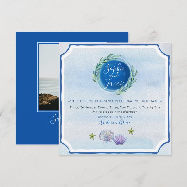Blue WaterColor Beach Hochzeitseinladung Einladung (Vorne/Hinten)