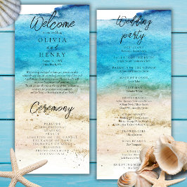Blue Watercolor Beach Hochzeitsprogramm