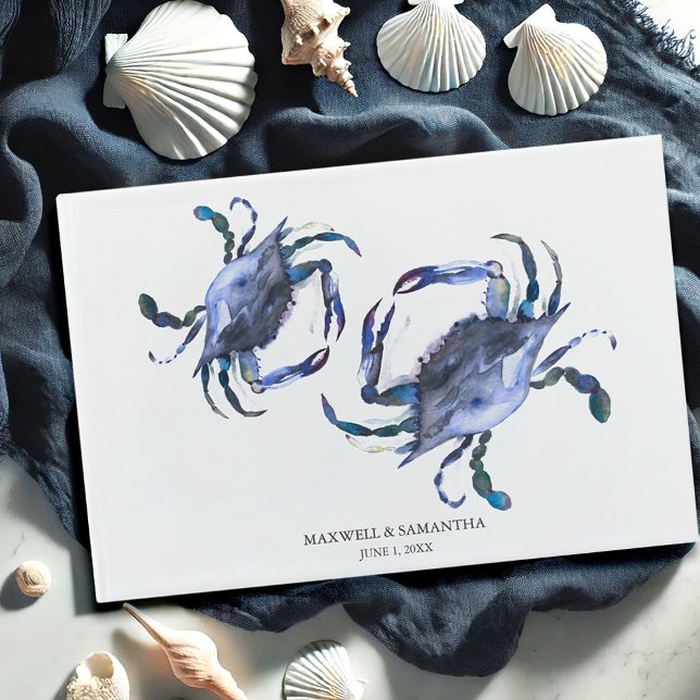 Blue Watercolor Beach Mariage Livre d'invités (beach wedding guest book watercolor crabs by Victoria Grigaliunas Do Tell A Belle)