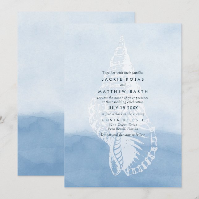 Blue Watercolor Beach Seashell Wedding Einladung (Vorne/Hinten)