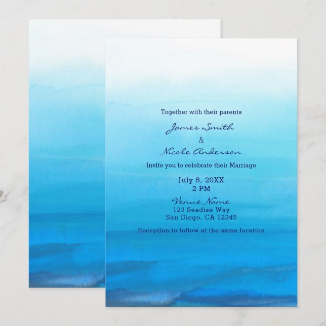 Blue Watercolor Beach Tropical Wedding Einladungen (Vorne/Hinten)