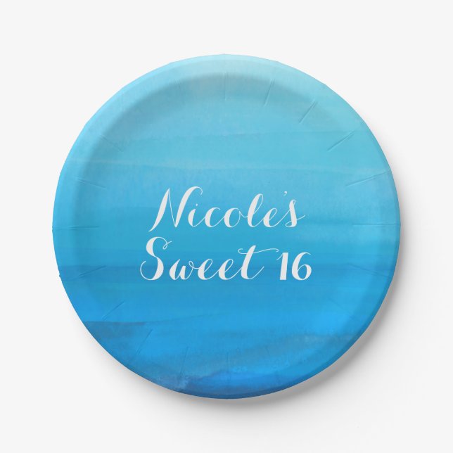 Blue Watercolor Beach Tropical Wedsea Pappteller (Vorderseite)