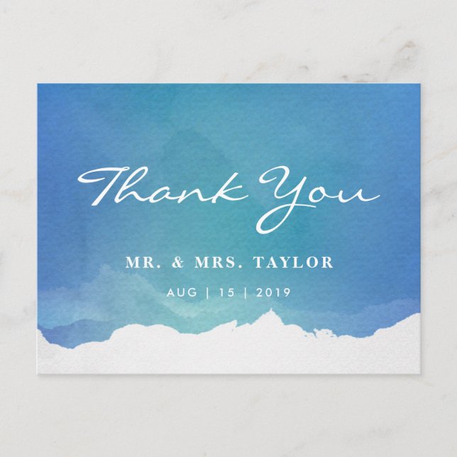 Blue Watercolor Beach Wedding Danke Postcard Postkarte (Vorderseite)