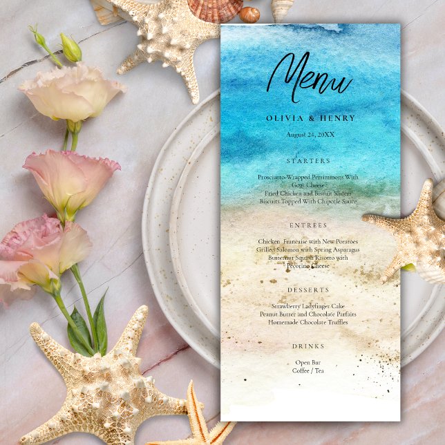 Blue Watercolor Beach Wedding Menu (Créateur téléchargé)