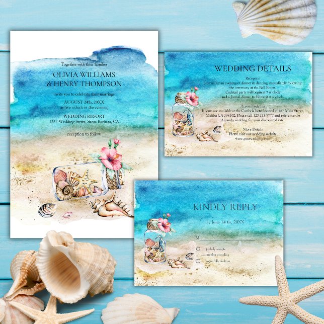 Blue Watercolor Beach Wedding UAWG RSVP Karte (Von Creator hochgeladen)
