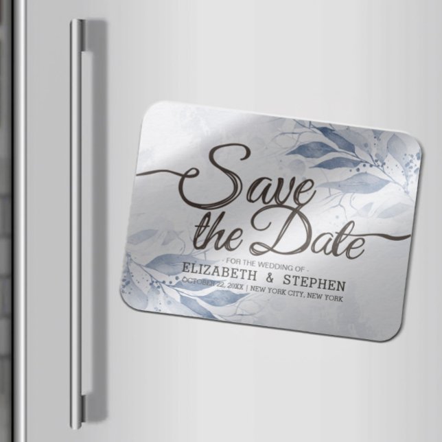 Blue Watercolor Blätter Chic Wedding Save the Date Magnet (Von Creator hochgeladen)