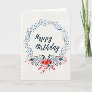 Blue Watercolor Blätter Wreath Happy Birthday Card Karte