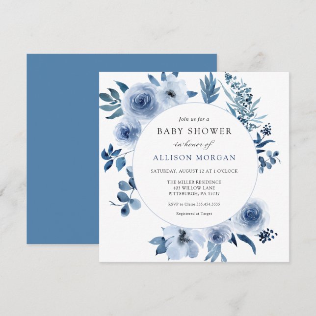 Blue Watercolor Blume Babydusche Einladung (Vorne/Hinten)