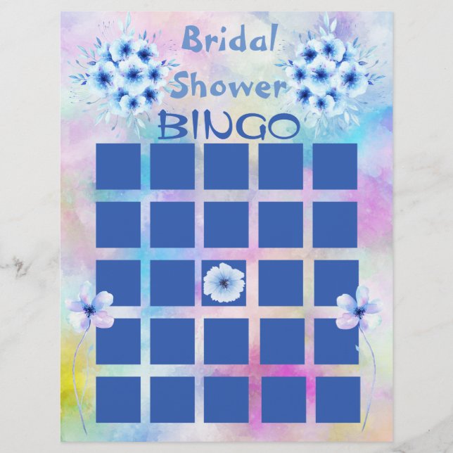 Blue Watercolor Blume Brautparty Bingo Flyer (Vorne)