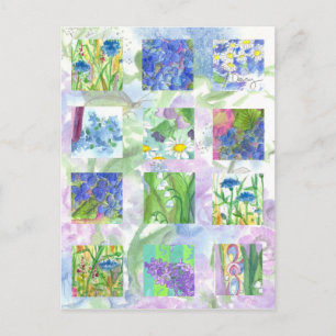 Blue Watercolor Blume Collage Art Lilac Daisy Postkarte