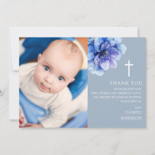 Blue Watercolor Blume Foto Taufe Christening Dankeskarte