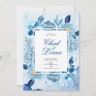 Blue Watercolor Blume Hochzeitskarte Einladung