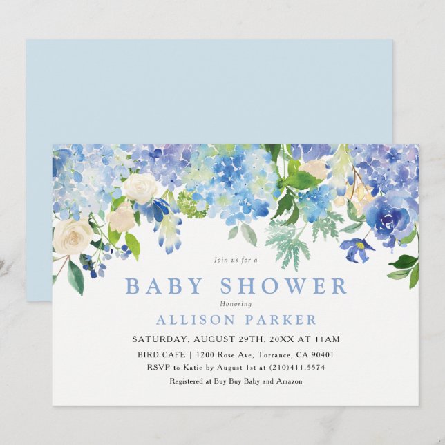 Blue Watercolor Blume Kinderdusche Einladung (Vorne/Hinten)