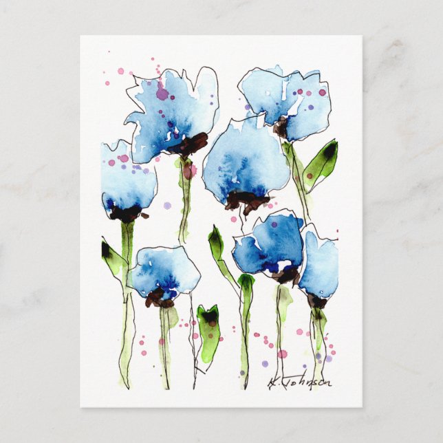 Blue Watercolor Blume Postcard Postkarte (Vorderseite)