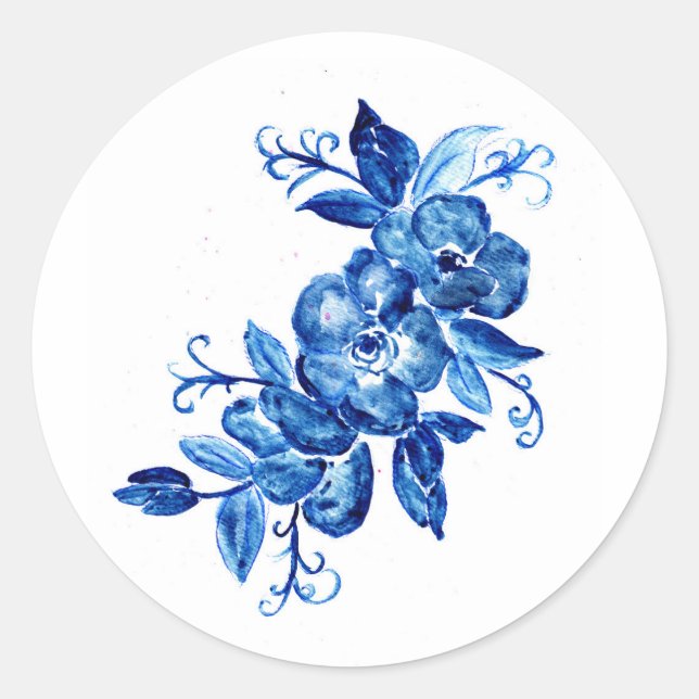 Blue Watercolor-Blume Runder Aufkleber (Vorderseite)