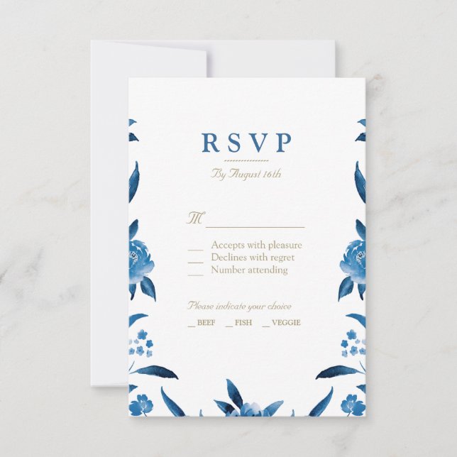 Blue Watercolor Blumengestein Chinoiserie Wedding  RSVP Karte (Vorderseite)