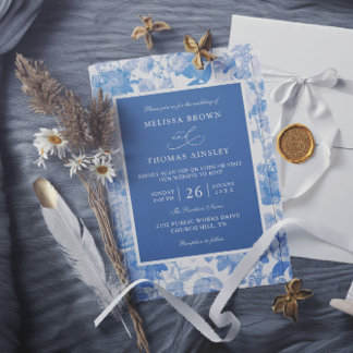 Blue Watercolor Botanical Budget QR Code Wedding Einladung