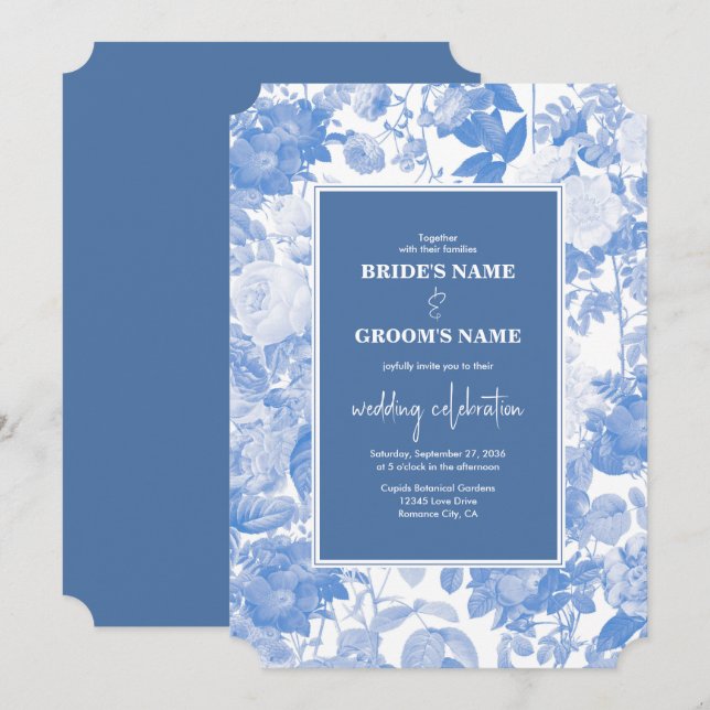 Blue Watercolor Botanical Florals Wedding Einladung (Vorne/Hinten)