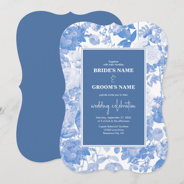 Blue Watercolor Botanical Florals Wedding Einladung (Vorne/Hinten)