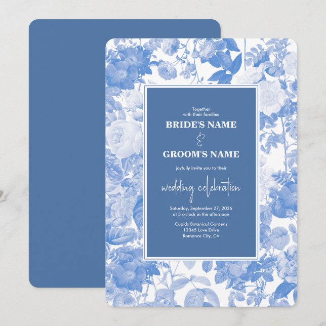 Blue Watercolor Botanical Florals Wedding Einladung (Vorne/Hinten)