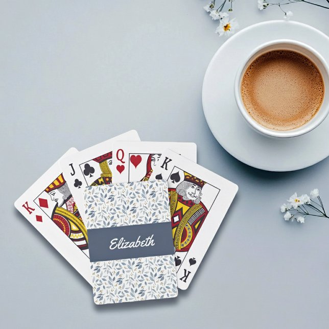 Blue Watercolor Botanical Pattern Custom Name Spielkarten (Von Creator hochgeladen)