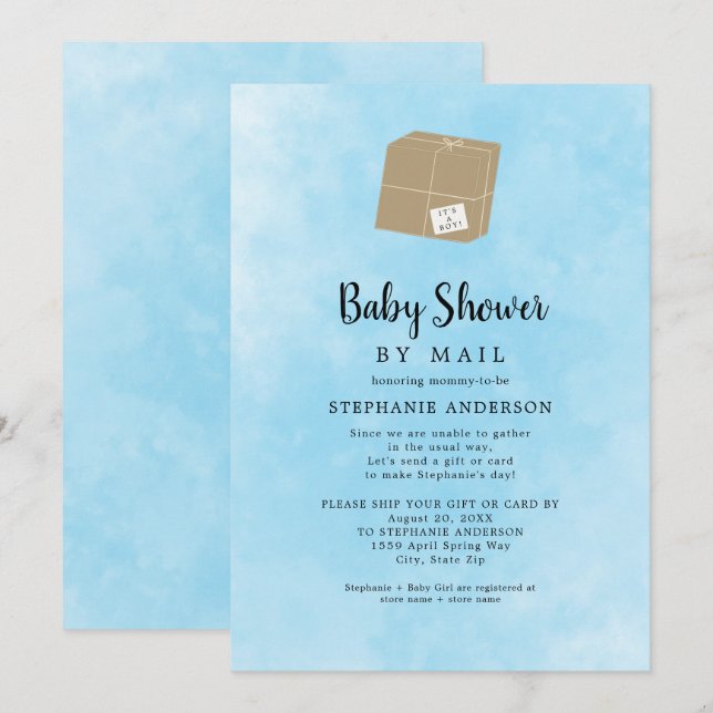 Blue Watercolor Boy Baby Dusche per Post Einladung (Vorne/Hinten)