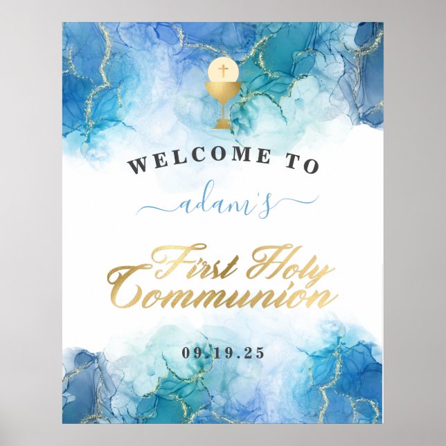 Blue Watercolor Boy First Heilige Kommune Willkomm Poster (Vorne)