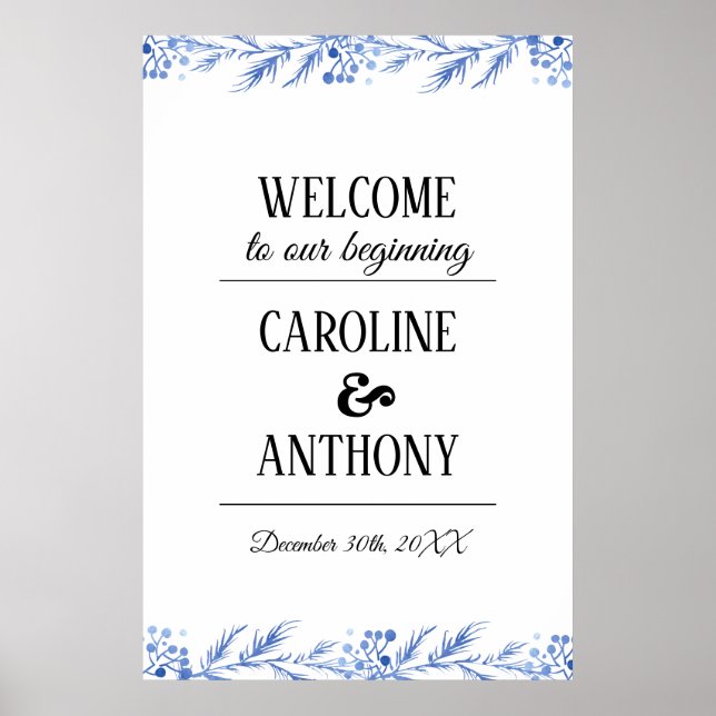 Blue Watercolor Branches Wedding Welcome Sign Poster (Vorne)