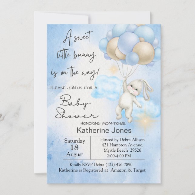 Blue Watercolor Bunny Rabbit Balloons Babydusche Einladung (Vorderseite)