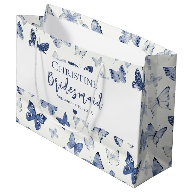 Blue Watercolor Butterfats Bridesmaid Vielen Dank Große Geschenktüte (Vorderseite Schrägansicht)