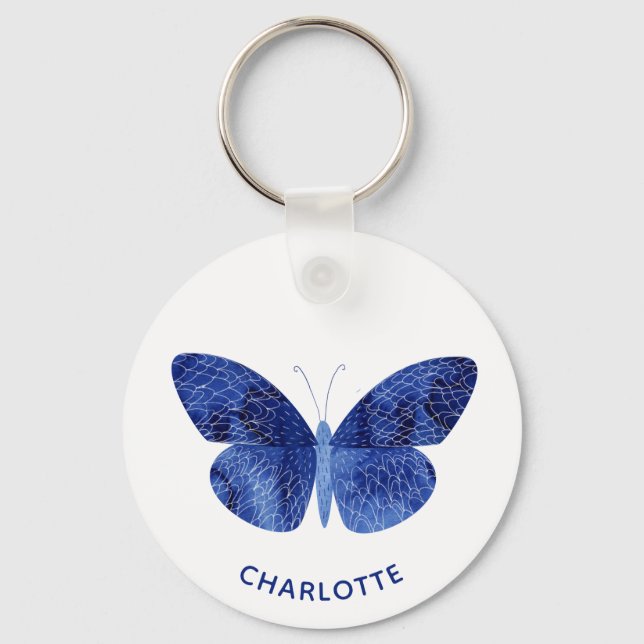 Blue Watercolor Butterfly Personalisiert Schlüsselanhänger (Vorderseite)
