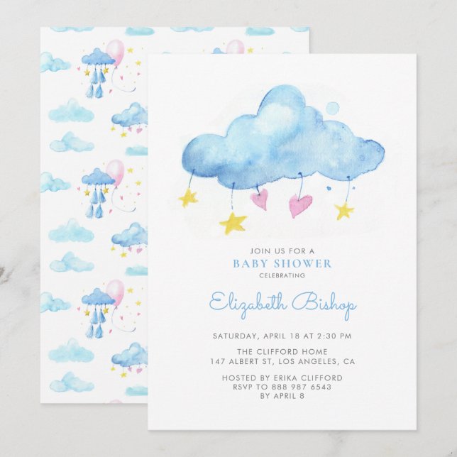 Blue Watercolor Cloud Gender Neutral Baby Dusche Einladung (Vorne/Hinten)