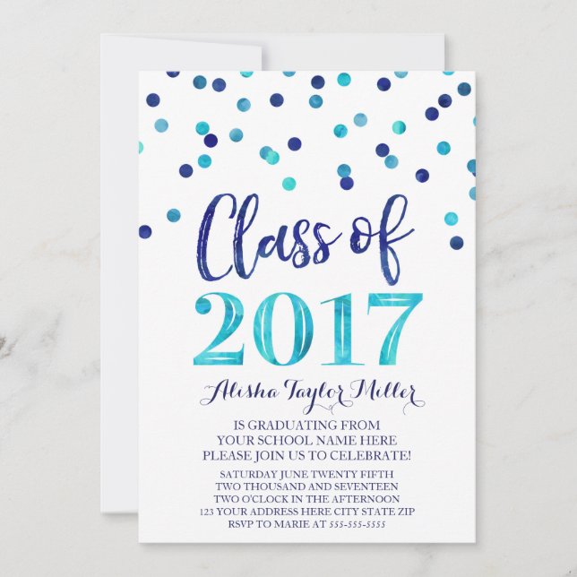 Blue Watercolor Confetti Graduation Party Einladung (Vorderseite)