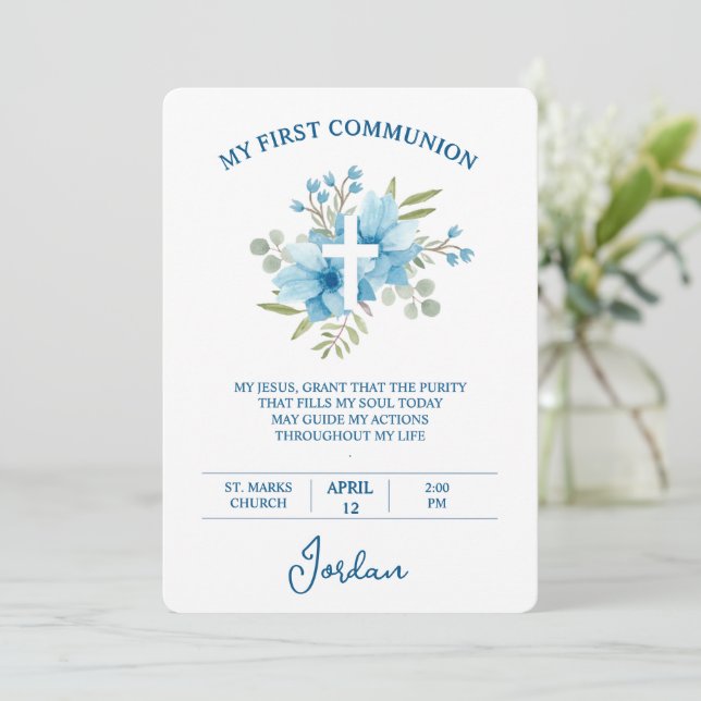 Blue Watercolor Cross First Holy Communion Einladung (Stehend Vorderseite)